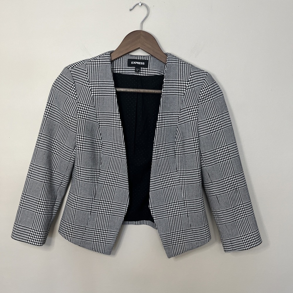 Express Women's Open Front Blazer Black‎ White Houndstooth Sz 00 Office Business